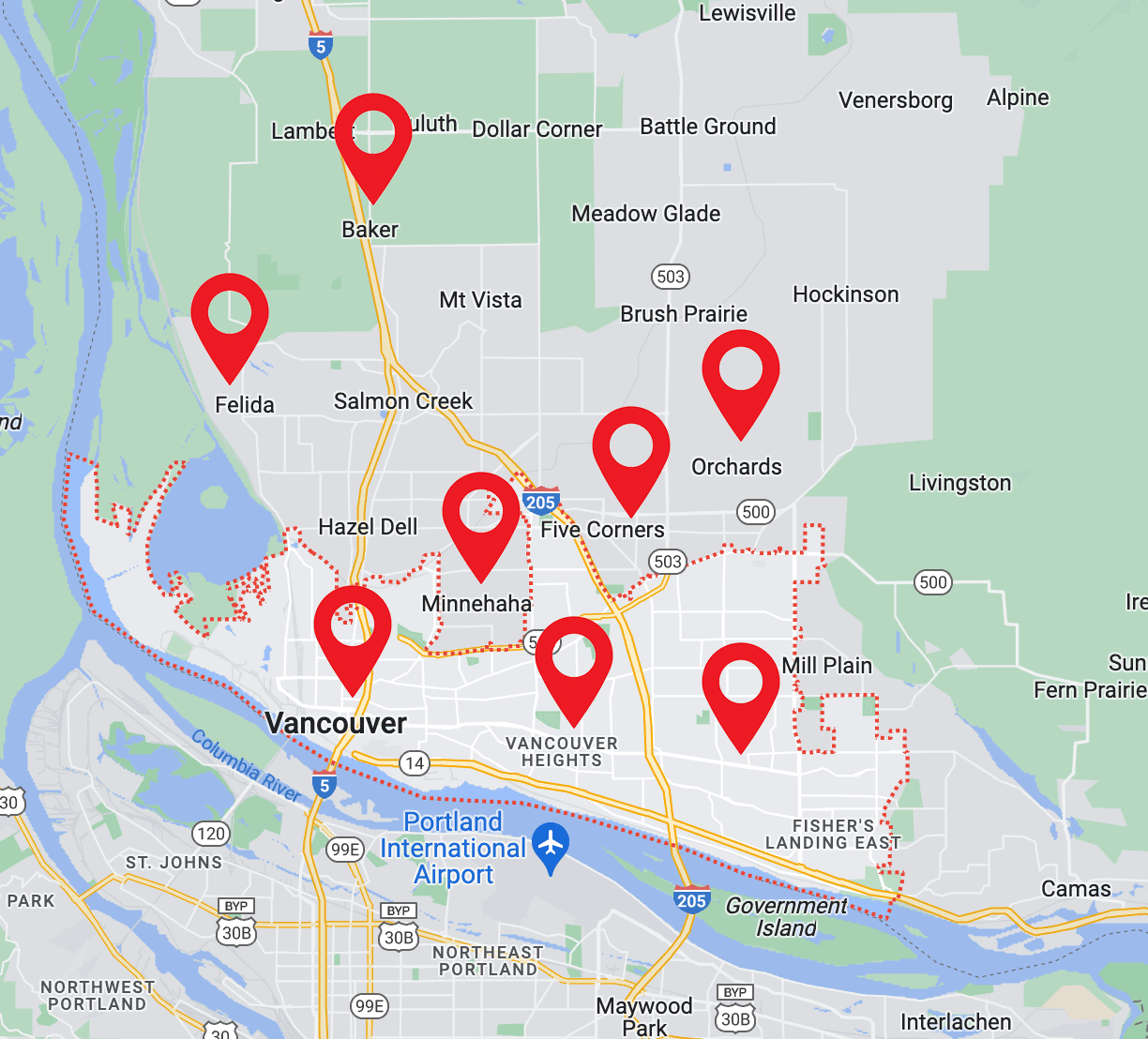 Sub Zero Temp Control Service Area Map — Clark County WA
