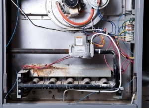 Interior of a gas furnace showing burners, gas valve, and wiring during a furnace heat exchanger inspection