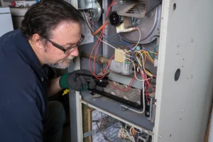 Technician inspecting a gas furnace during a furnace short cycling diagnostic