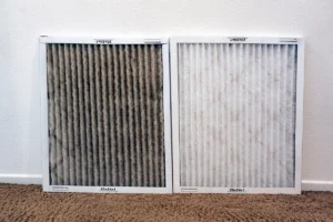 Dirty and clean HVAC air filter comparison showing why air filter MERV rating matters