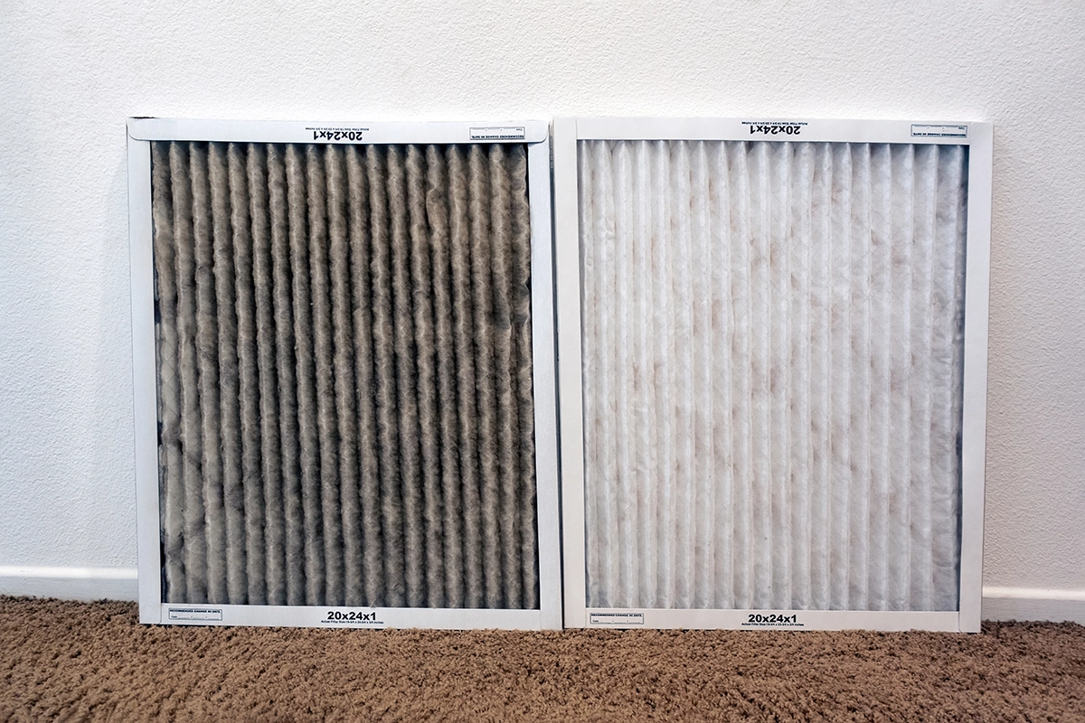 Dirty and clean HVAC air filter comparison showing why air filter MERV rating matters
