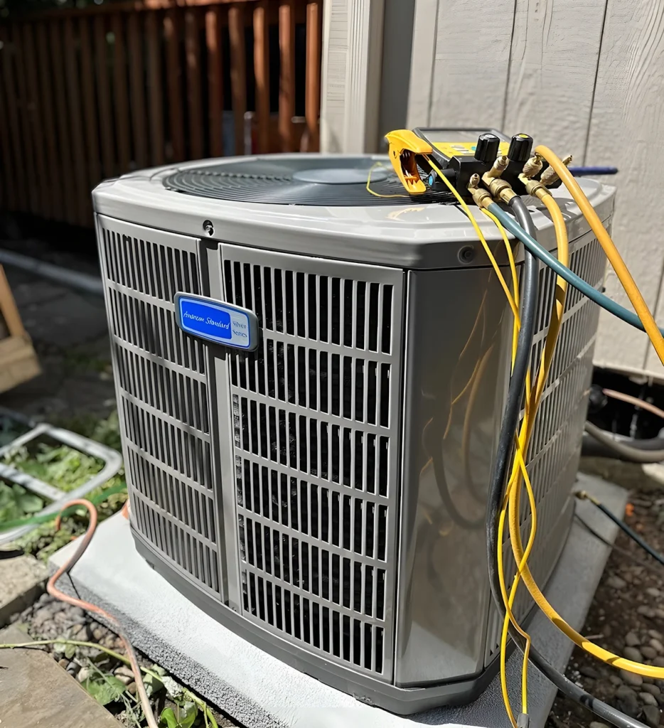 AC maintenance in Vancouver WA with Sub Zero Temp Control performing system checks on an outdoor air conditioning unit