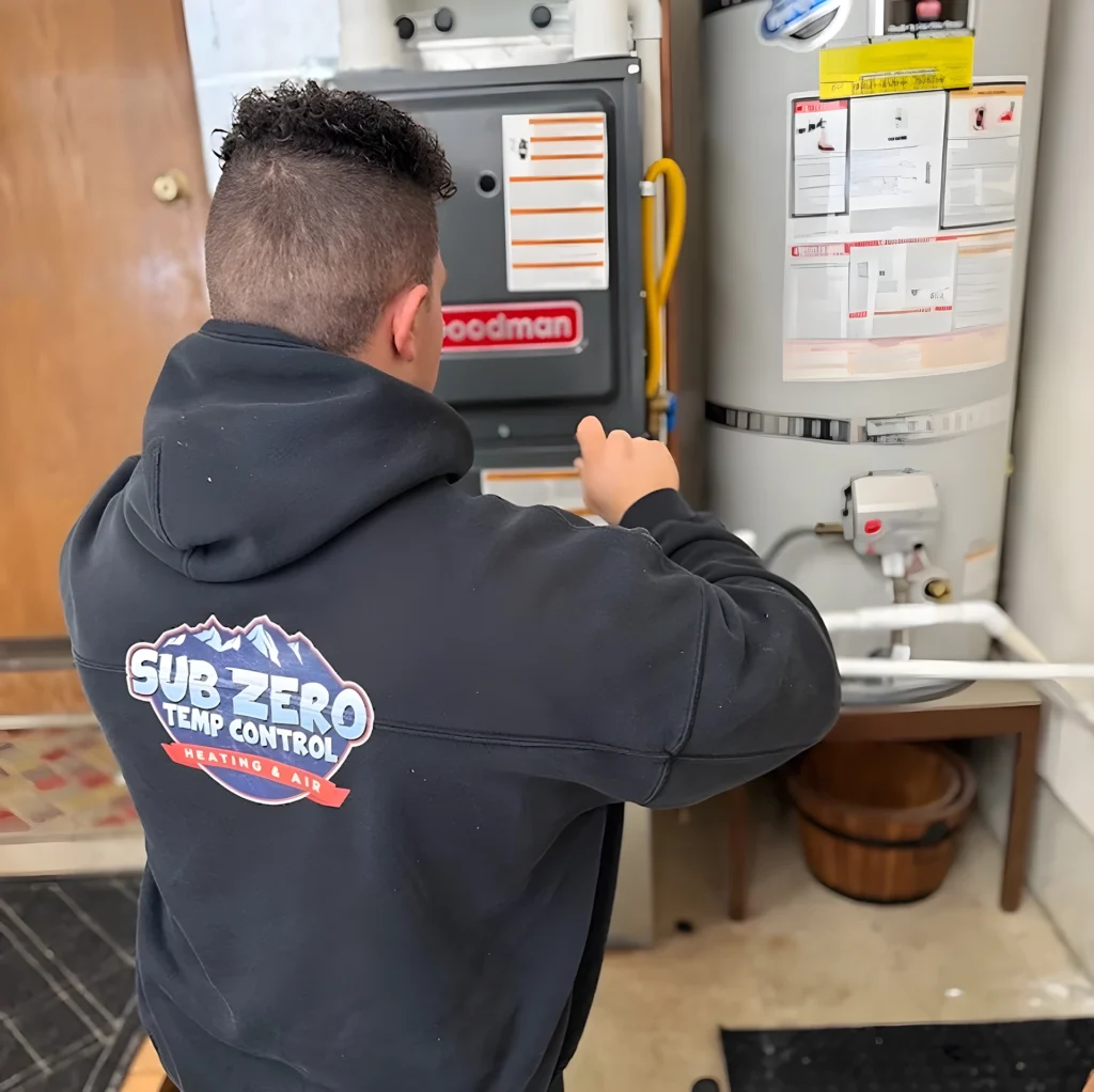 Sub Zero Temp Control technician providing heating maintenance in Vancouver WA and inspecting a home furnace