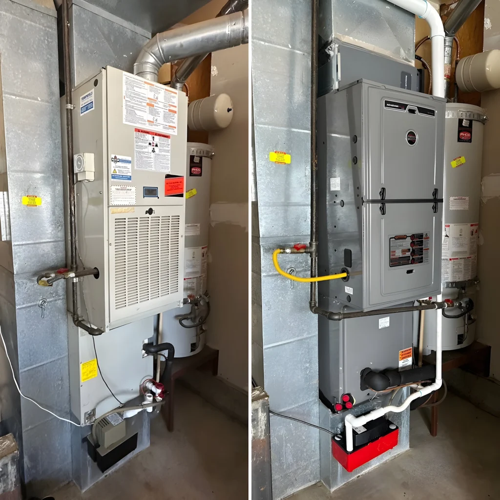 Heating replacement in Vancouver WA showing before and after furnace replacement with updated high-efficiency system