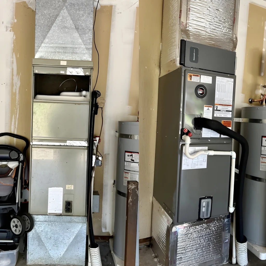 Heating replacement in Vancouver WA showing before and after upgrade from older furnace system to a new high-efficiency heating unit